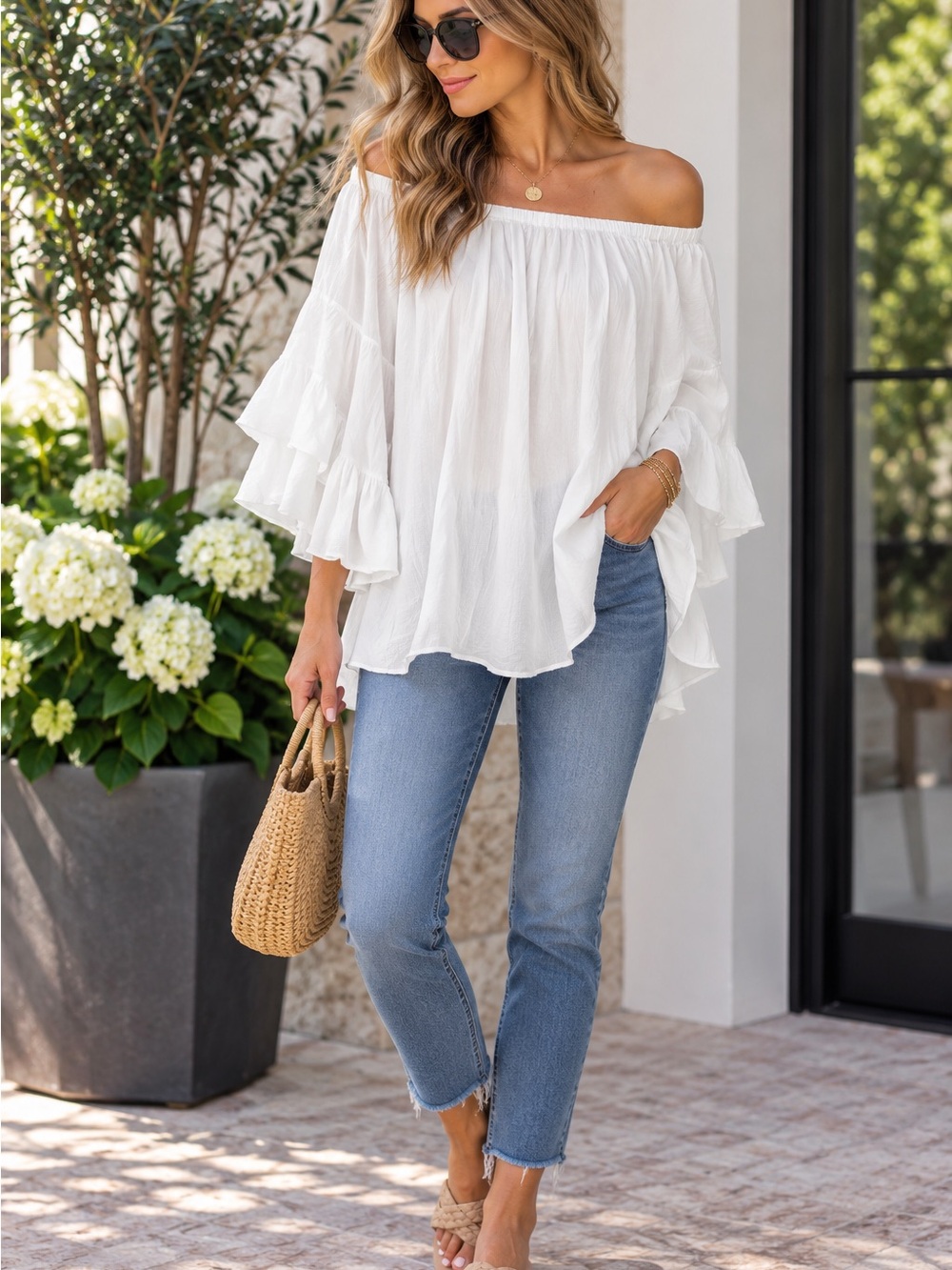 Altar'd State White Off-Shoulder Ruffle Tunic Top